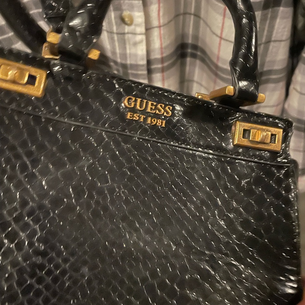 Guess Black Textured Shoulder Bag with Gold Accents
